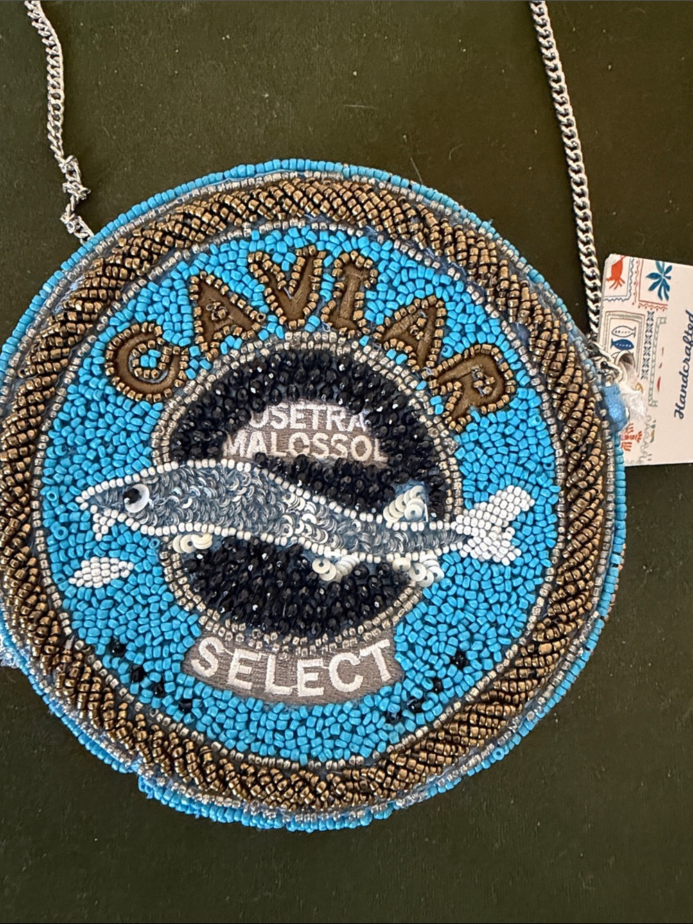 NWT Viral Hand Crafted Blue Beaded Caviar Crossbody Bag with Fish Motif - Picture 2 of 2